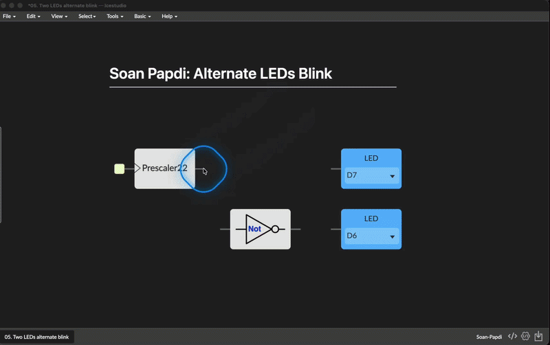 Alternate LEDs blink example in iCE Studio. Alternate Led Blink